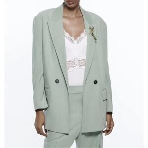Zara Double-Breasted Soft Relaxed Oversized Blazer Light Green Women's Size XL